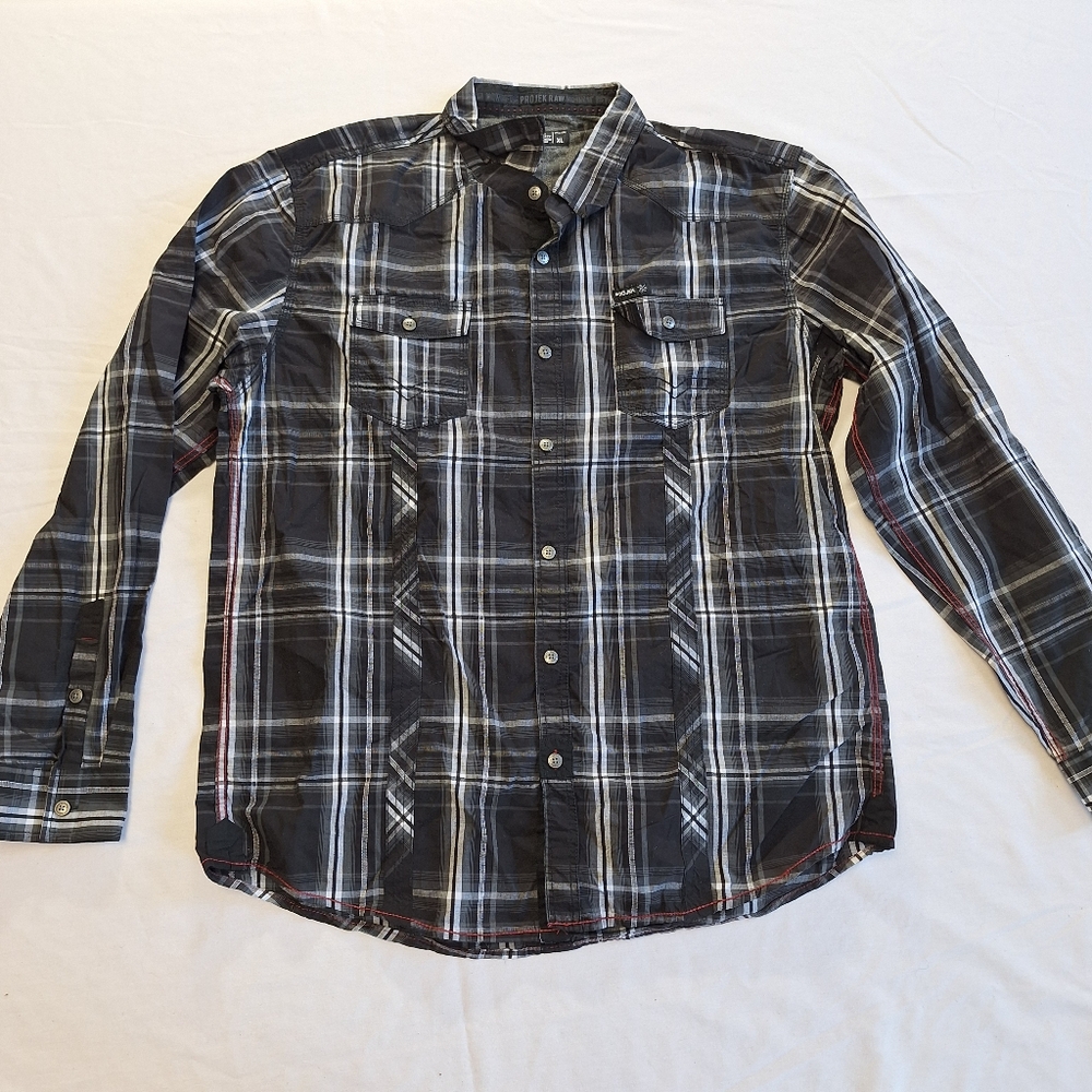Projek Raw Black Gray Long Sleeve Button Up Plaid Short, XL